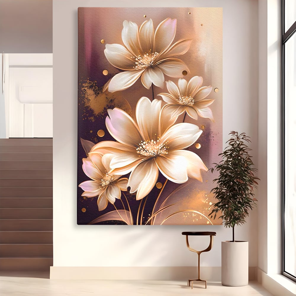 Tablou canvas cu tablou canvas cu flori aurii pe fond maro, fara rama, pe sasiu de lemn